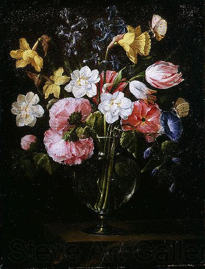 Juan de Arellano Clematis, a Tulip and other flowers in a Glass Vase on a wooden Ledge with a Butterfly Norge oil painting art